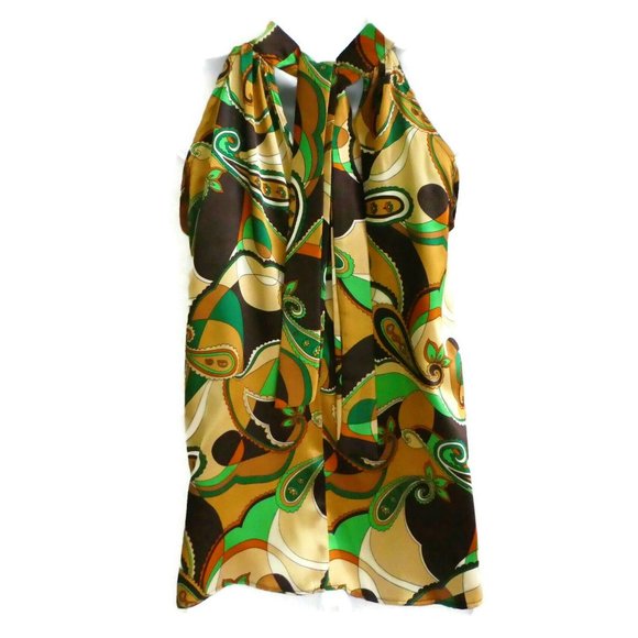 Vintage Famosa Top Satin Sleeveless Paisley 70s Mock Tie Psychedelic USA Small - Picture 3 of 6